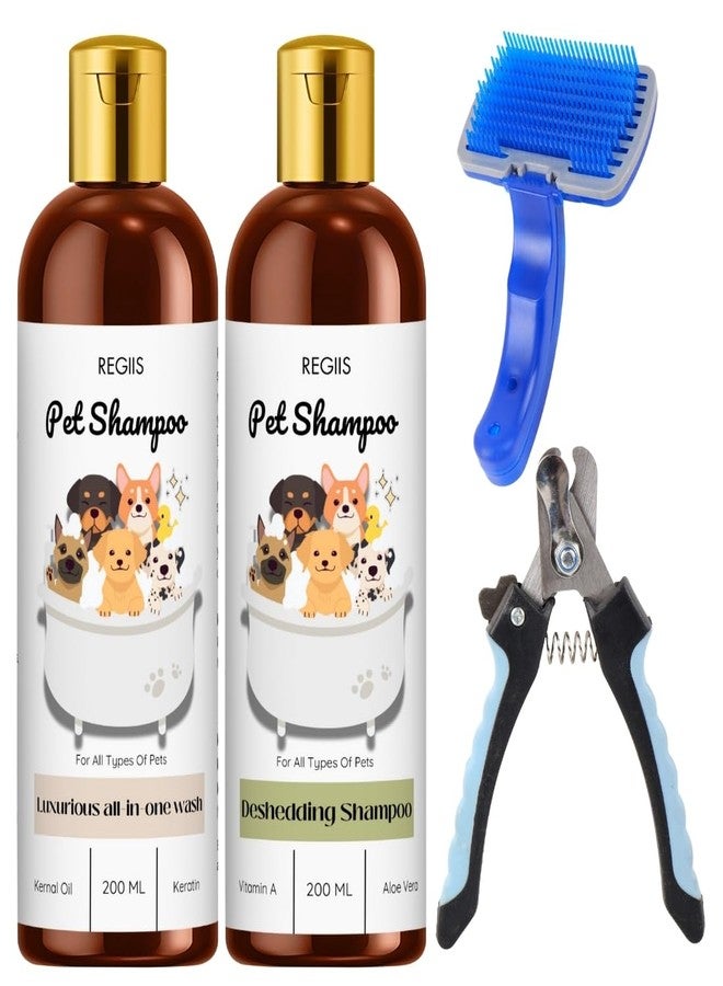 REGIIS Pet Grooming Kit, Dog Shampoo Set with Deshedding Brush and Nail Clipper, All-in-One Wash and Deshedding Formula, 200 ML, 4 Piece Set - Image 1